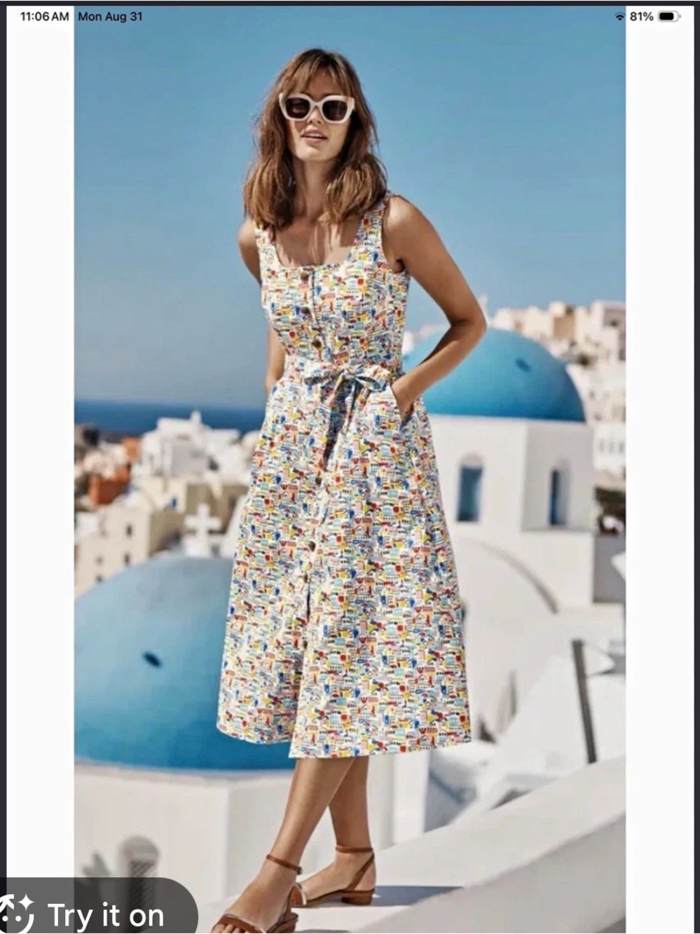 Boden Multicolor Scoop Neck Midi Dress with Tie Waist